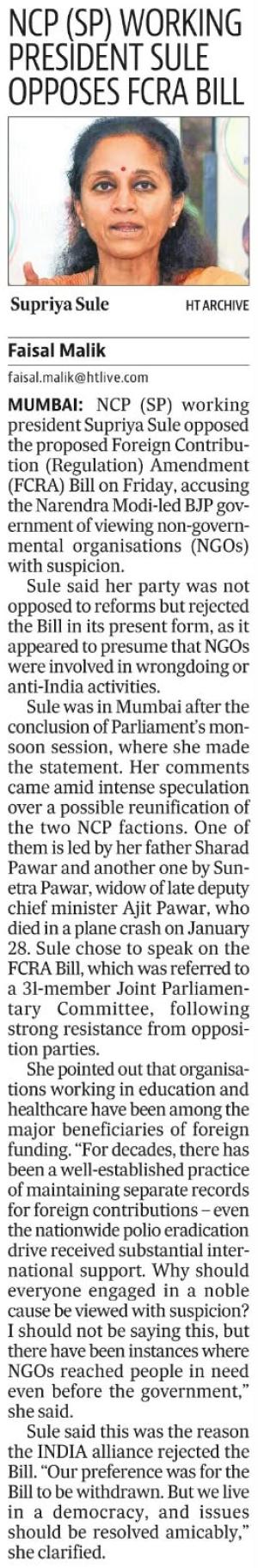 NCP (SP) WORKING PRESIDENT SULE OPPOSES FORA BILL