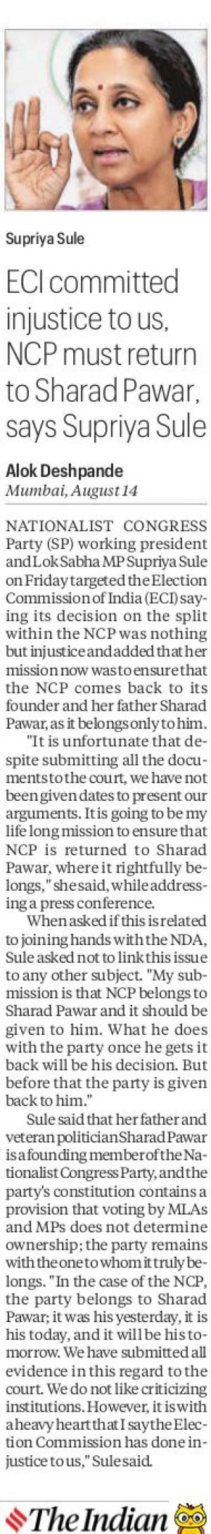Mustice tous NCPratum to Sharad Pawar