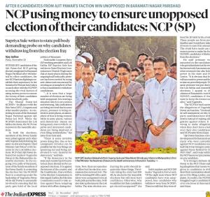 NCP using money to ensure unopposed election of their candidates: NCP (SP) AFTER 8 CANDIDATES FROM AJIT PAWAR'S FACTION WIN UNOPPOSED IN BARAMATI NAGAR