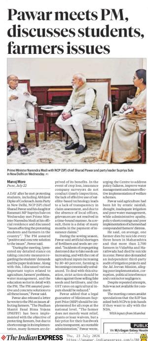 Pawar meets PM, discusses students, farmers issues