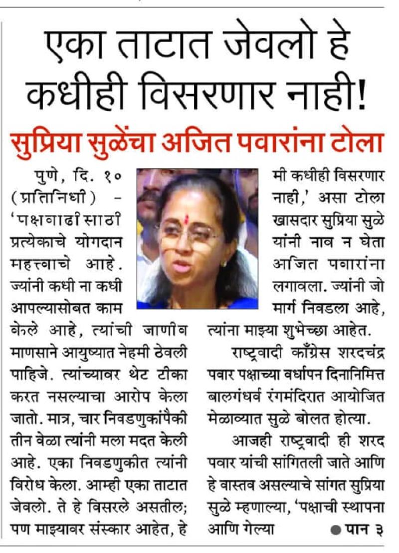 एका ताटात जेवलो हे कधीही विसरणार नाही!- खासदार सुप्रिया सुळे 