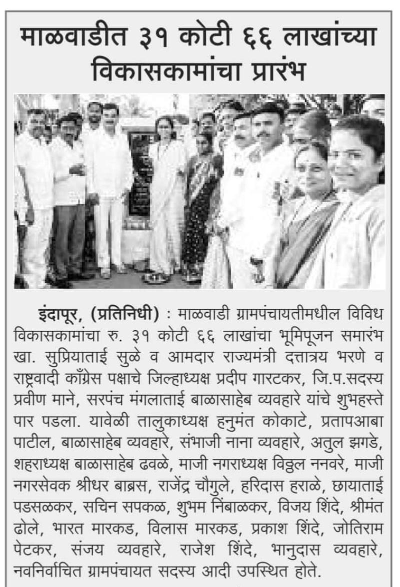 माळवाडीतील ३१ कोटी ६६ लाखांच्या विकासकामांचे सुप्रिया सुळे यांच्या हस्ते प्रारंभ 