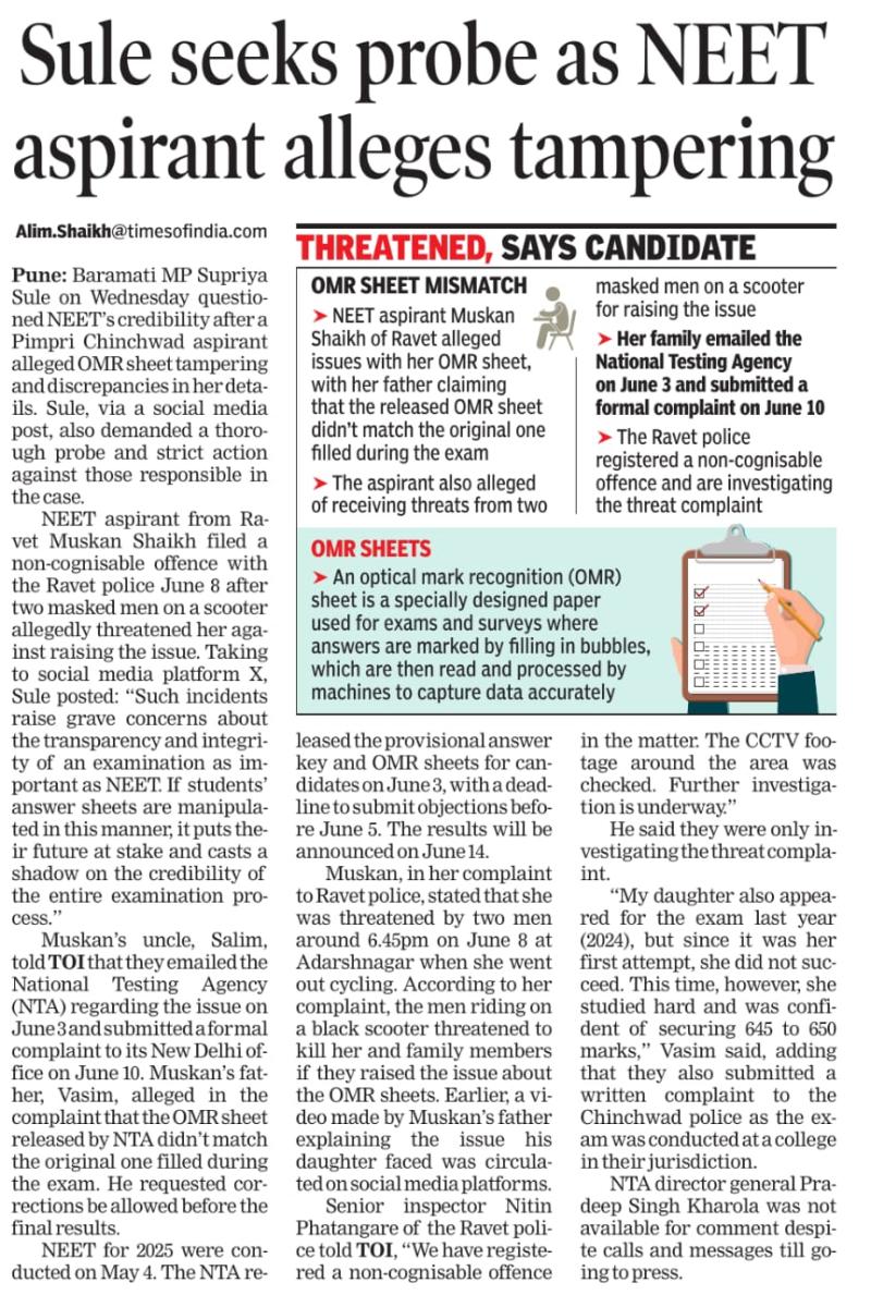 Sule seeks probe as NEET aspirant alleges tampering