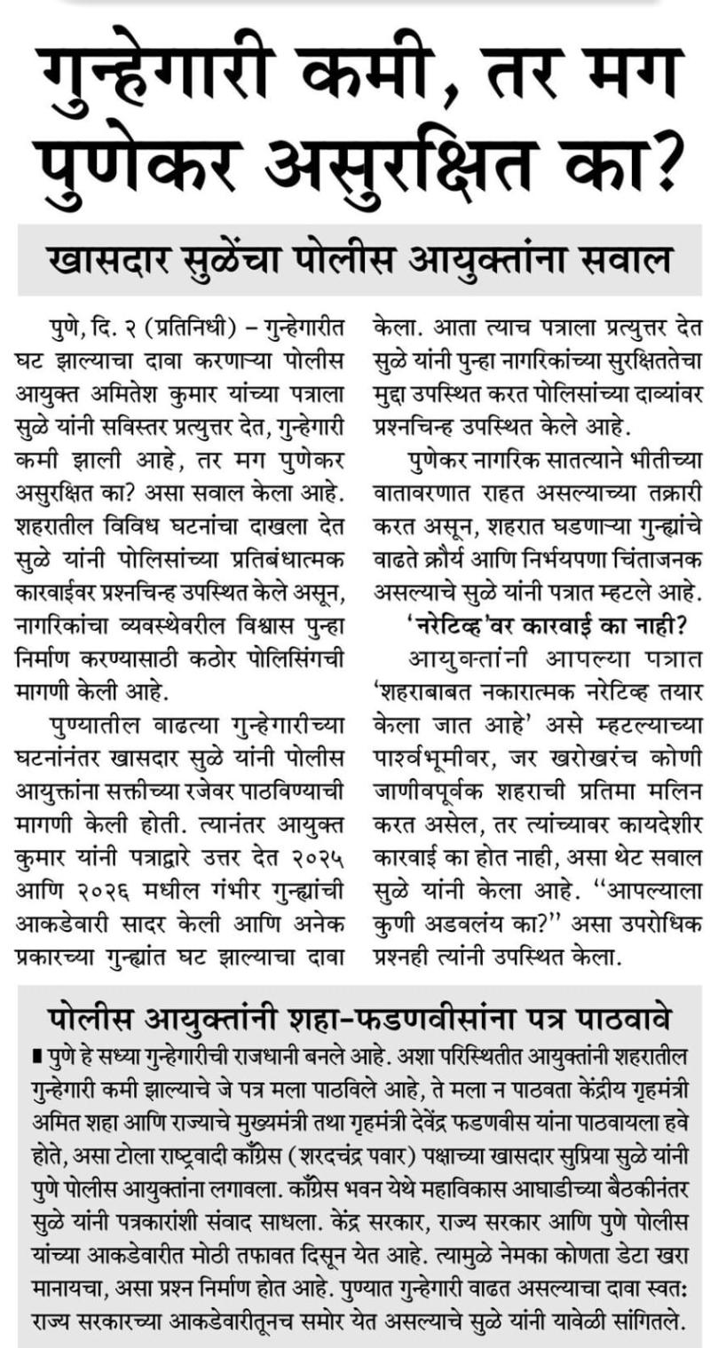 गुन्हेगारी कमी, तर मग पुणेकर असुरक्षित का? खासदार सुळेंचा पोलीस आयुक्तांना सवाल
