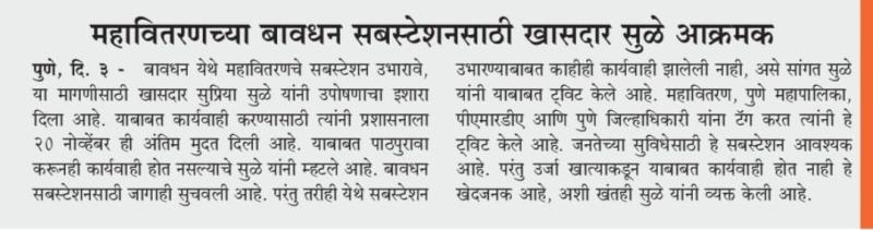 महावितरणच्या बावधन सबस्टेशनसाठी खासदार सुळे आक्रमक 
