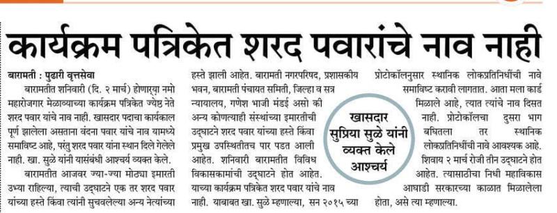 कार्यक्रम पत्रिकेत शरद पवारांचे नाव नाही- खासदार सुप्रिया सुळे 