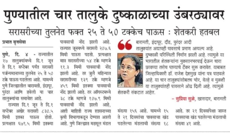 पुण्यातील चार तालुके दुष्काळाच्या उंबरठ्यावर 