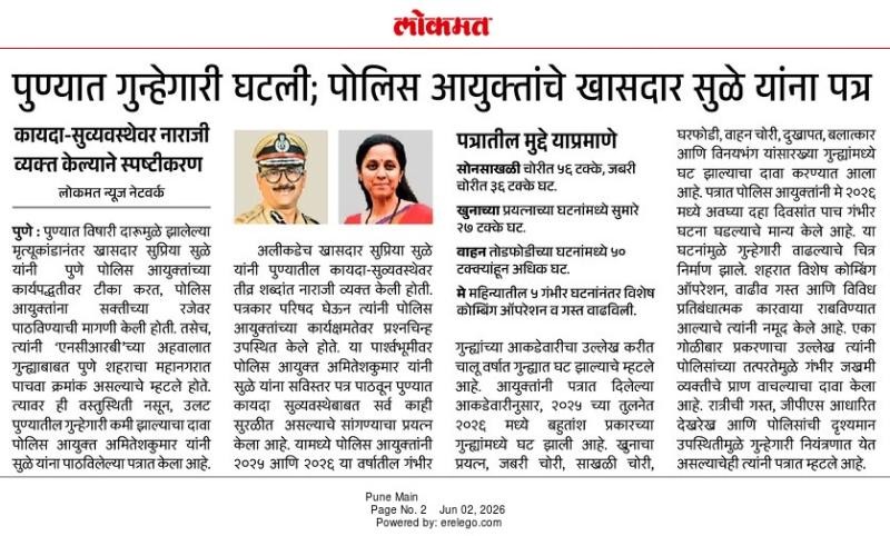 लोकमत पुण्यात गुन्हेगारी घटली; पोलिस आयुक्तांचे खासदार सुळे यांना पत्र