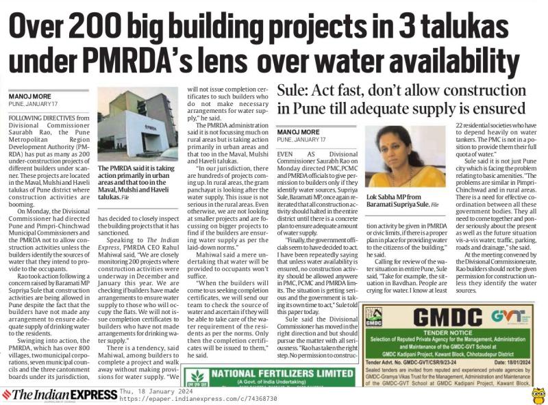 Over 200 big building projects in 3 talukas under PMRDA lens over water availability 