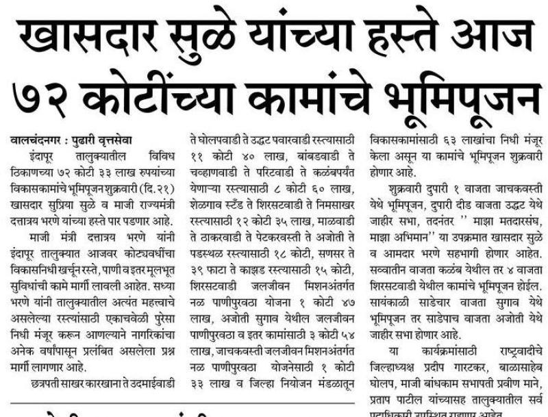 खासदार सुळे यांच्या हस्ते आज ७२ कोटींच्या कामाचे भूमिपूजन 