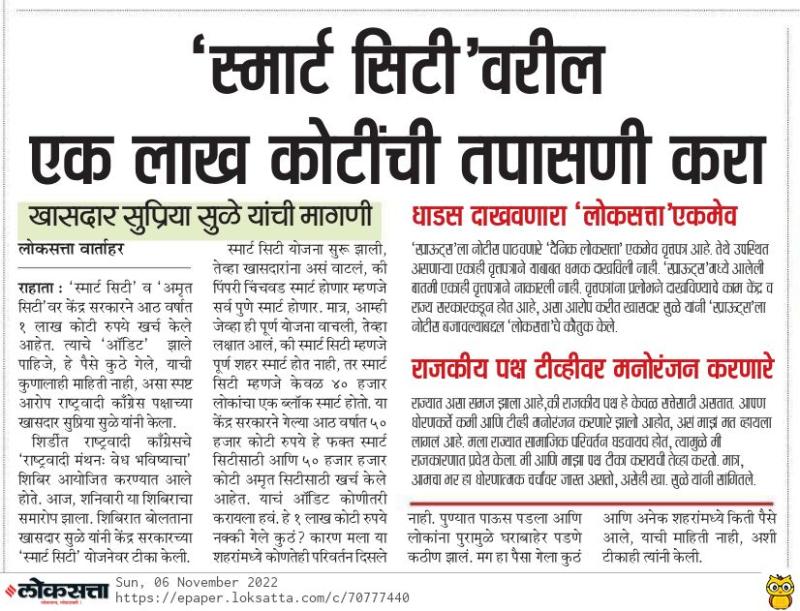 स्मार्ट सिटी वरील एक लाख कोटींची तपासणी करा-सुप्रिया सुळे