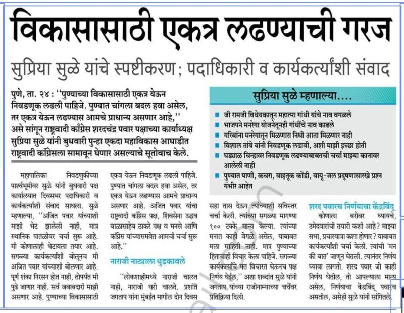 विकासासाठी एकत्र लढण्याची गरज -  सुप्रिया सुळे