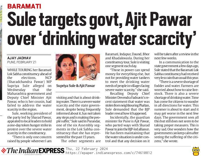 Sule target govt, Ajit Pawar over drinking water scarcity 