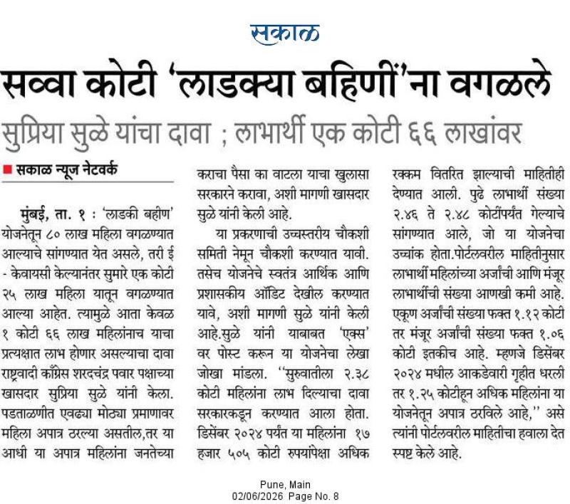 सकाळ सव्वा कोटी 'लाडक्या बहिणीं'ना वगळले सुप्रिया सुळे यांचा दावा; लाभार्थी एक कोटी ६६ लाखांवर