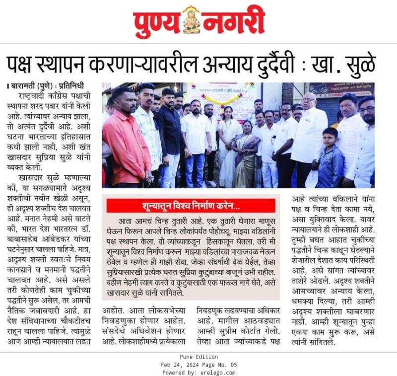 पक्ष स्थापन करणाऱ्यावरील अन्याय दुर्दैवी- खासदार सुप्रिया सुळे 