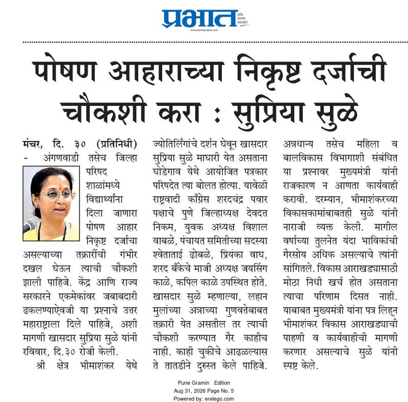 पोषण आहाराच्या निकृष्ट दर्जाची चौकशी करा : सुप्रिया सुळे