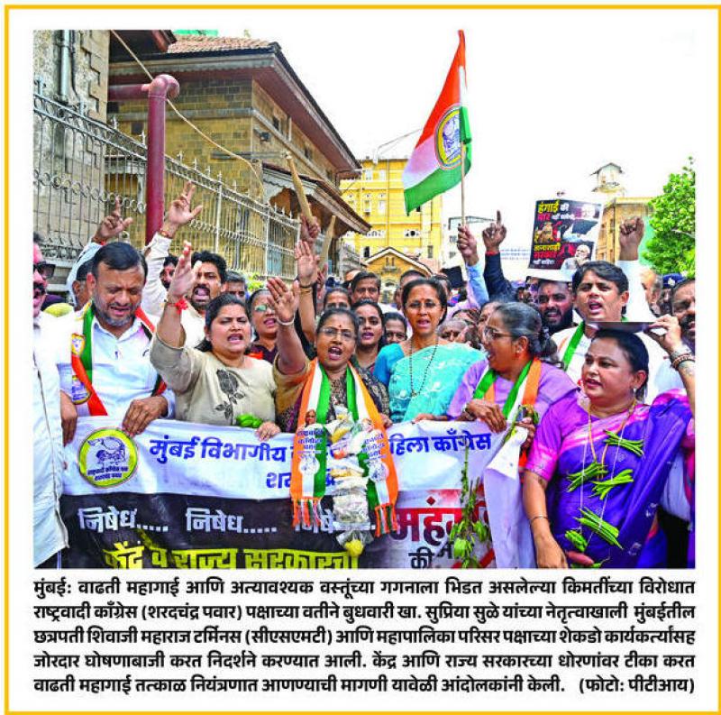 मुंबईः वाढती महागाई आणि अत्यावश्यक वस्तूंच्या गगनाला भिडत असलेल्या किमतींच्या विरोधा राष्ट्रवादी काँग्रेस (शरदचंद्र पवार) पक्षाच्या वतीने  खा. सुप्रिया सुळे यांच्या नेतृत्वाखाली मुंबईतील आंदोलन 