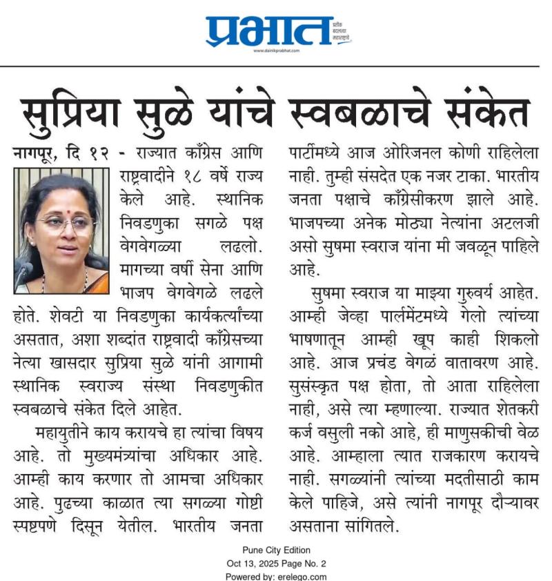 सुप्रिया सुळे यांचे स्वबळाचे संकेत