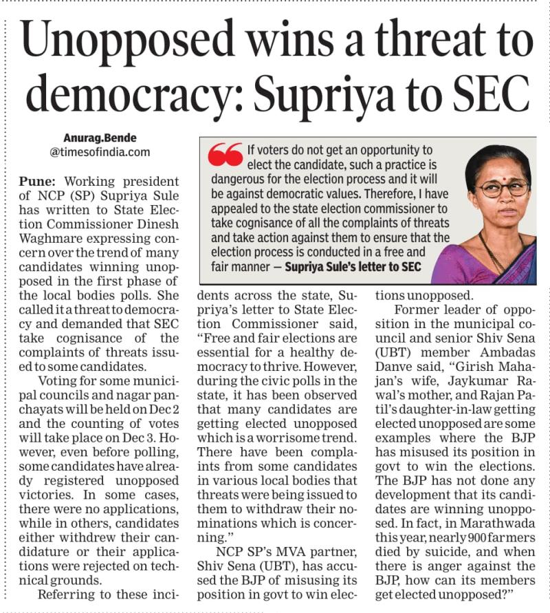 Unopposed wins a threat to democracy: Supriya to SEC