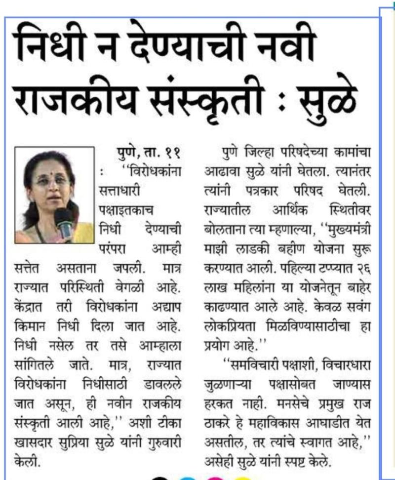 निधी न देण्याची नवी राजकीय संस्कृती : सुळे